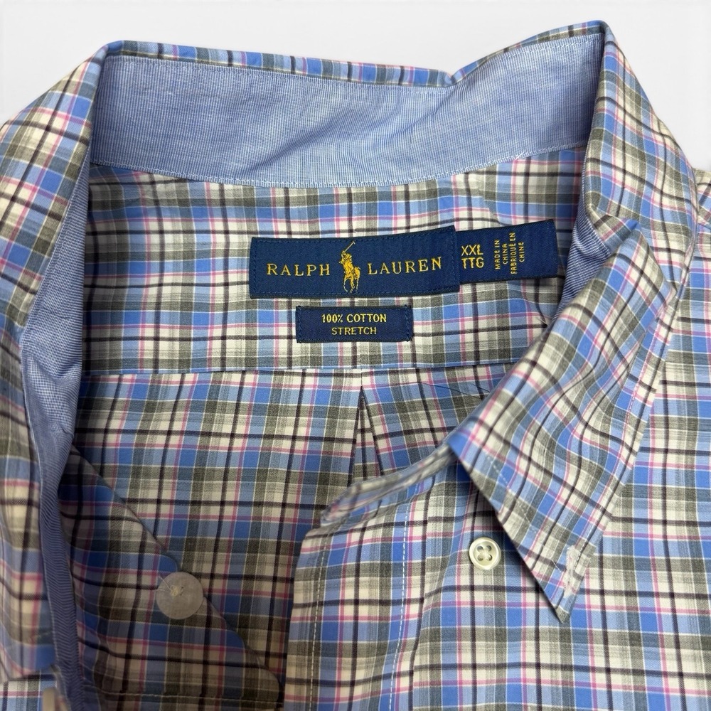 Ralph Lauren XXL Plaid Button Down Dress Shirt Blue Pink Cotton Stretch Pony